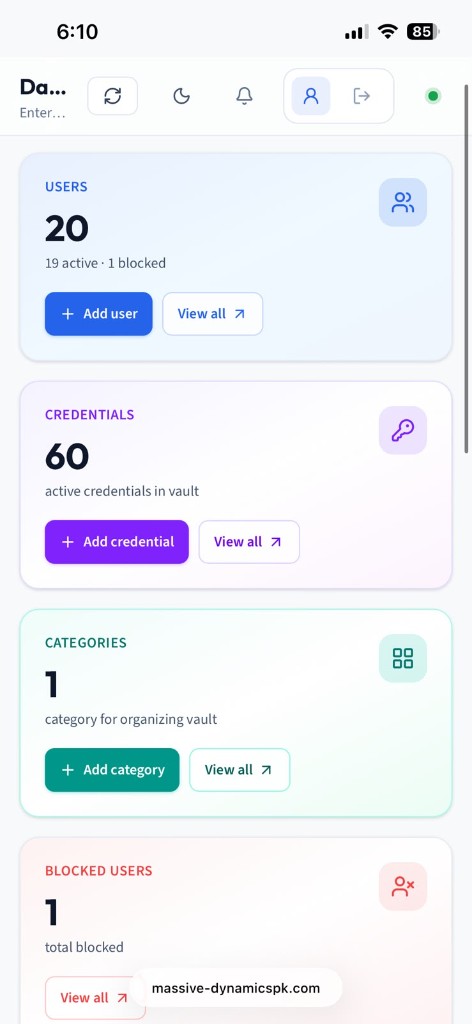 Massive Dynamics admin dashboard